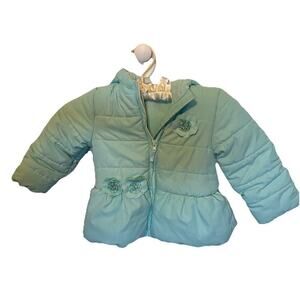 Little Me Girls Toddler Puffer Coat Jacket 24M Aqua 3D Flowers Zip